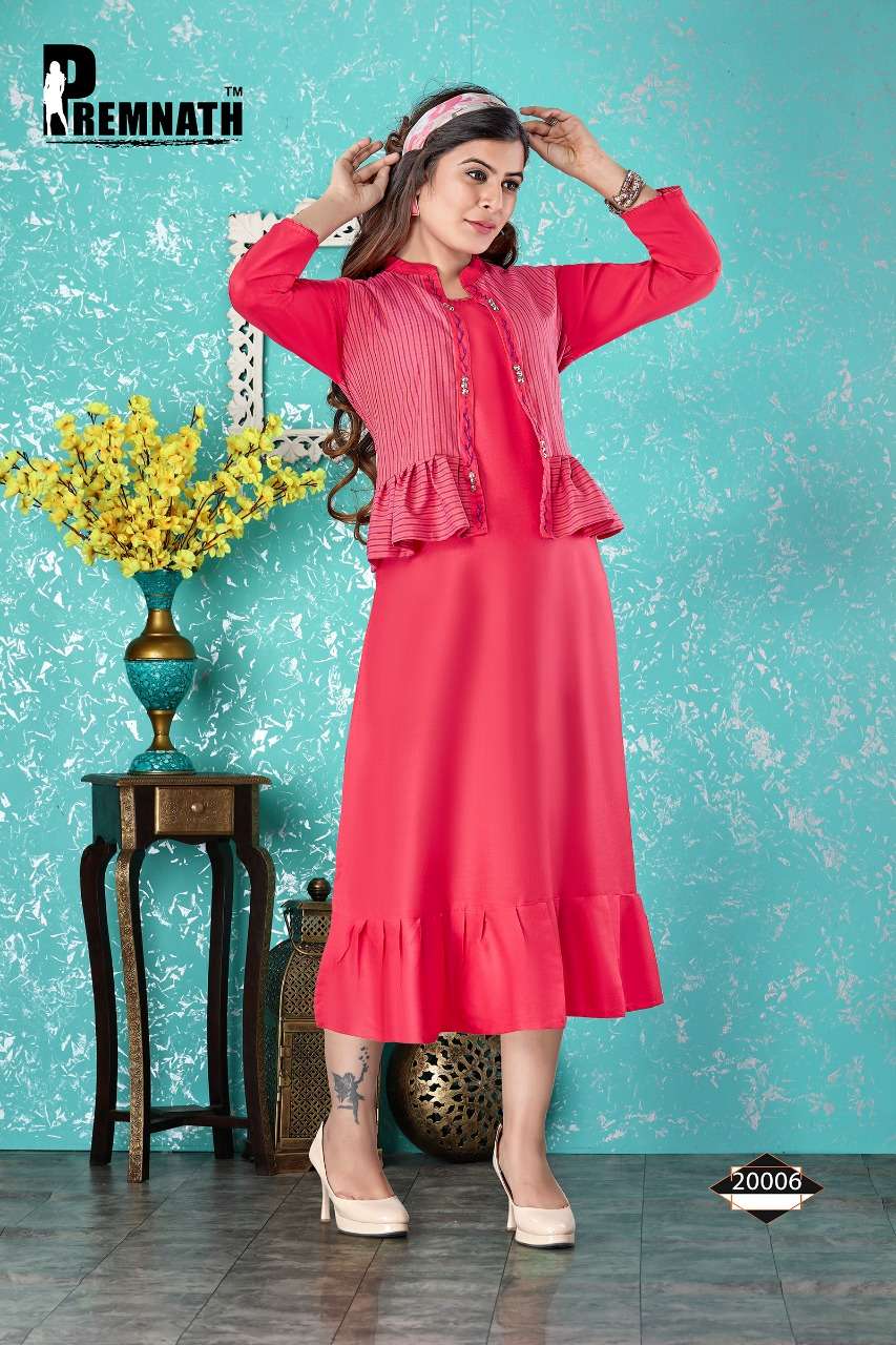 PARADISE VOL-2 BY PREMNATH 20001 TO 20006 SERIES BEAUTIFUL COLORFUL STYLISH FANCY CASUAL WEAR & ETHNIC WEAR & READY TO WEAR RAYON DYED PRINTED KURTIS WITH SHRUG AT WHOLESALE PRICE