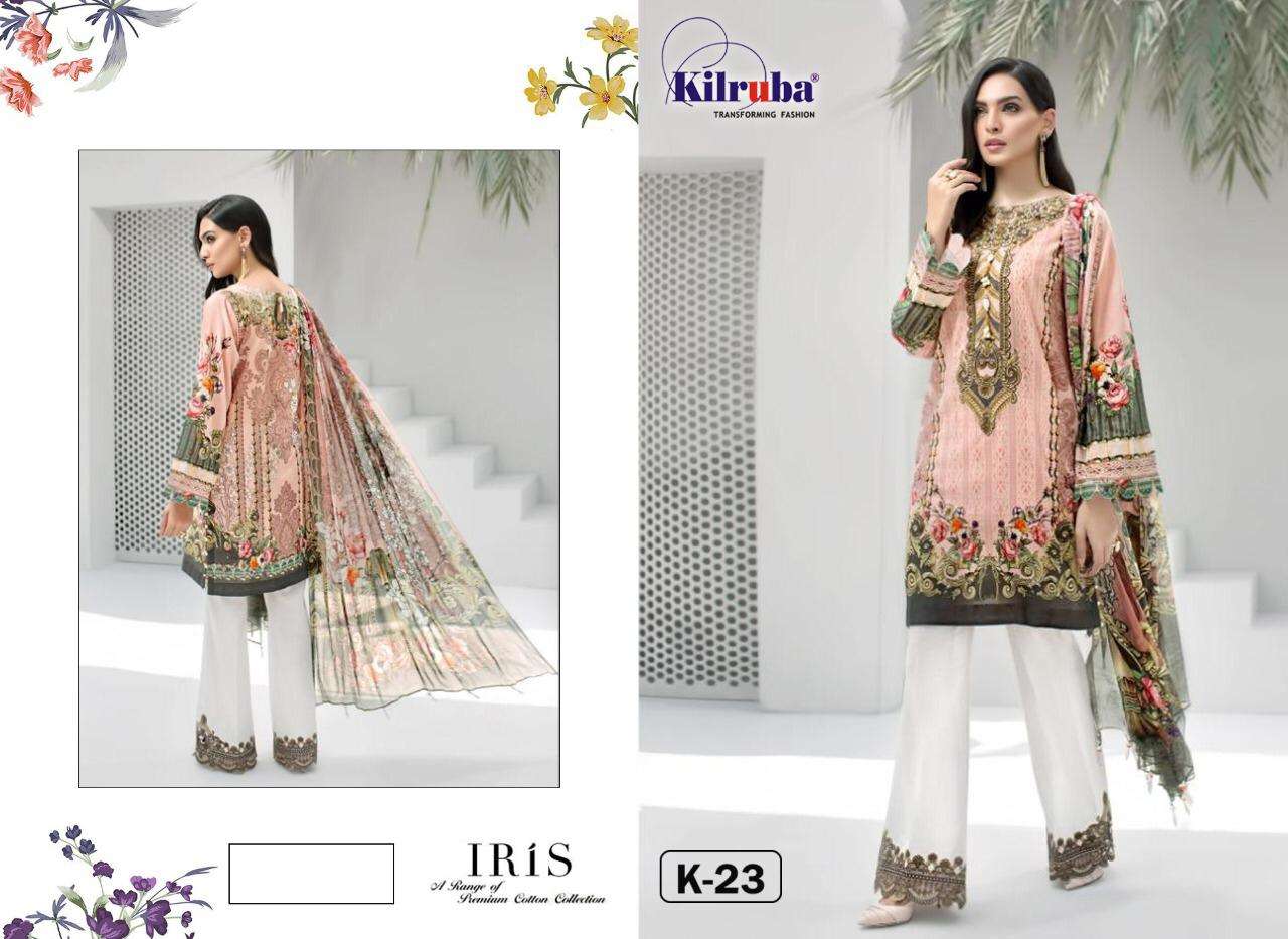 IRIS LAWN COLLECTION 20 BY KILRUBA 23 TO 31 SERIES DESIGNER FESTIVE PAKISTANI SUITS COLLECTION BEAUTIFUL STYLISH FANCY COLORFUL PARTY WEAR & OCCASIONAL WEAR PURE JAM SILK PRINT WITH EMBROIDERED DRESSES AT WHOLESALE PRICE