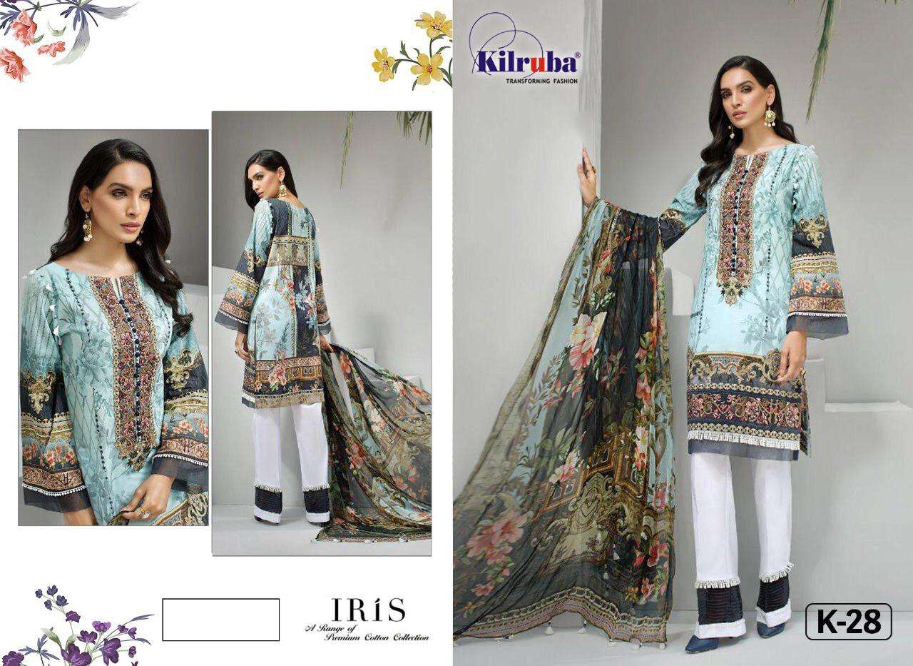 IRIS LAWN COLLECTION 20 BY KILRUBA 23 TO 31 SERIES DESIGNER FESTIVE PAKISTANI SUITS COLLECTION BEAUTIFUL STYLISH FANCY COLORFUL PARTY WEAR & OCCASIONAL WEAR PURE JAM SILK PRINT WITH EMBROIDERED DRESSES AT WHOLESALE PRICE