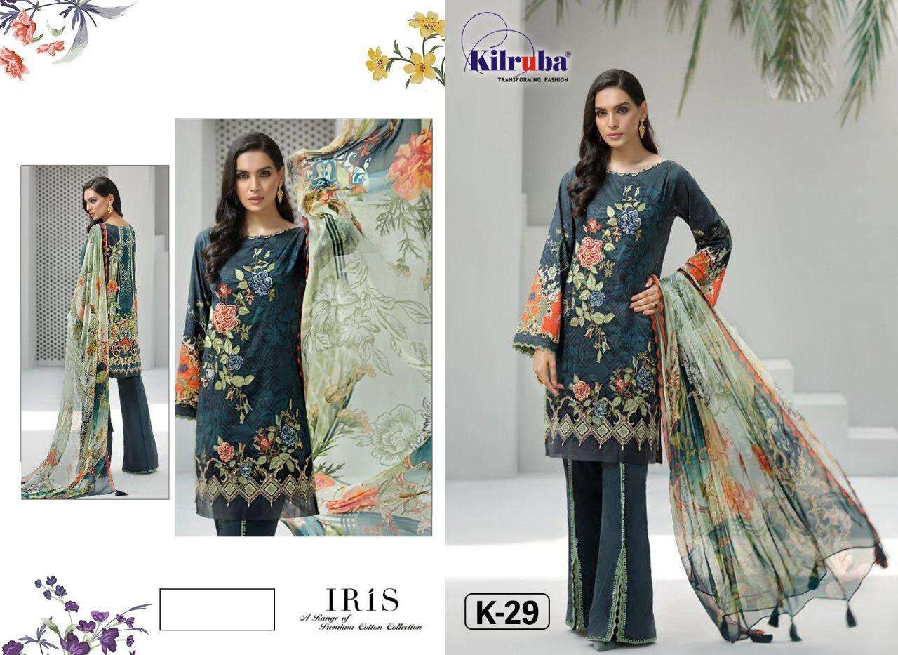 IRIS LAWN COLLECTION 20 BY KILRUBA 23 TO 31 SERIES DESIGNER FESTIVE PAKISTANI SUITS COLLECTION BEAUTIFUL STYLISH FANCY COLORFUL PARTY WEAR & OCCASIONAL WEAR PURE JAM SILK PRINT WITH EMBROIDERED DRESSES AT WHOLESALE PRICE