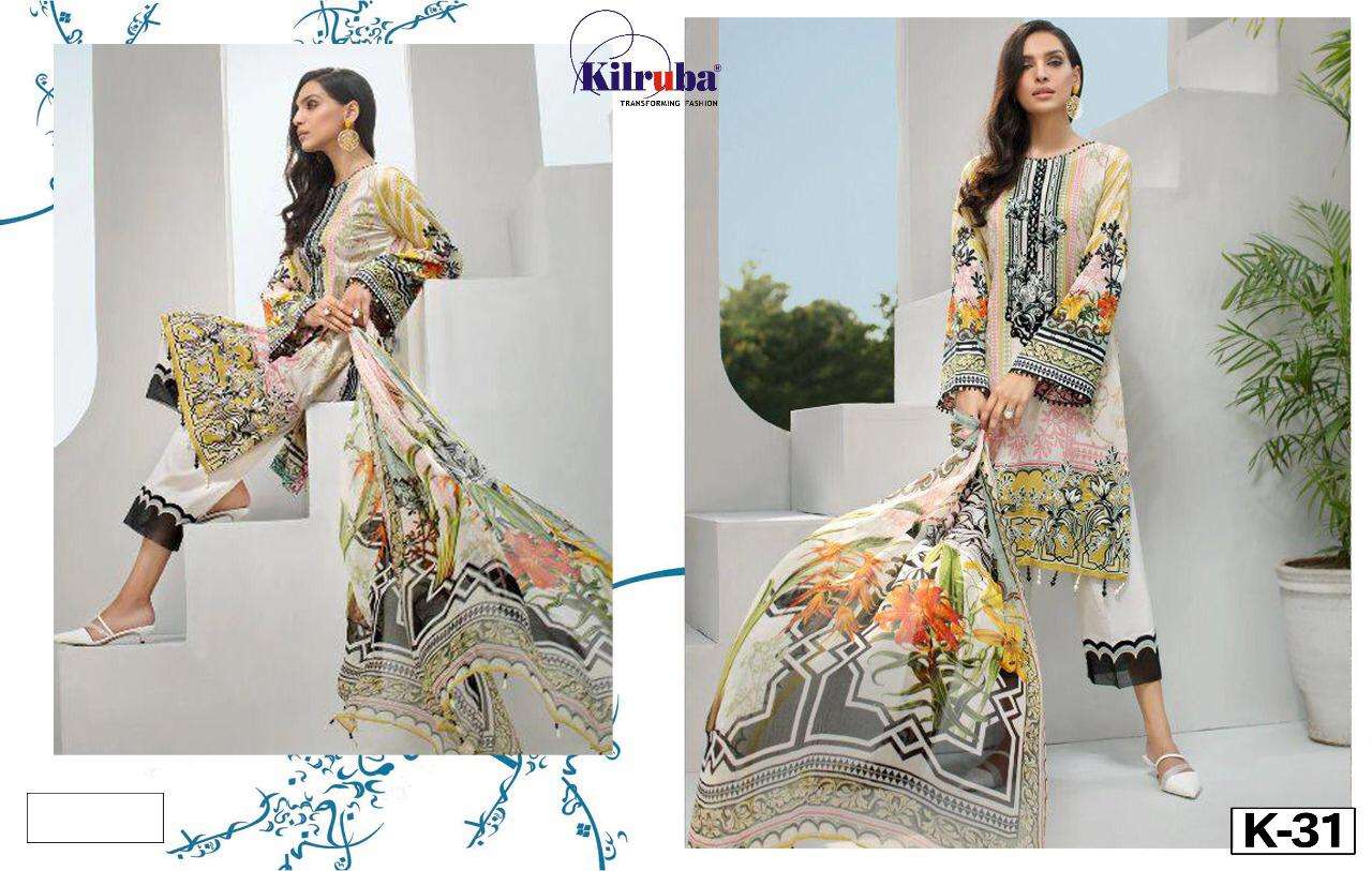 IRIS LAWN COLLECTION 20 BY KILRUBA 23 TO 31 SERIES DESIGNER FESTIVE PAKISTANI SUITS COLLECTION BEAUTIFUL STYLISH FANCY COLORFUL PARTY WEAR & OCCASIONAL WEAR PURE JAM SILK PRINT WITH EMBROIDERED DRESSES AT WHOLESALE PRICE