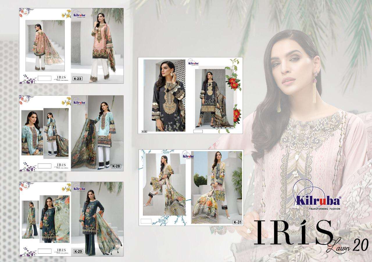 IRIS LAWN COLLECTION 20 BY KILRUBA 23 TO 31 SERIES DESIGNER FESTIVE PAKISTANI SUITS COLLECTION BEAUTIFUL STYLISH FANCY COLORFUL PARTY WEAR & OCCASIONAL WEAR PURE JAM SILK PRINT WITH EMBROIDERED DRESSES AT WHOLESALE PRICE