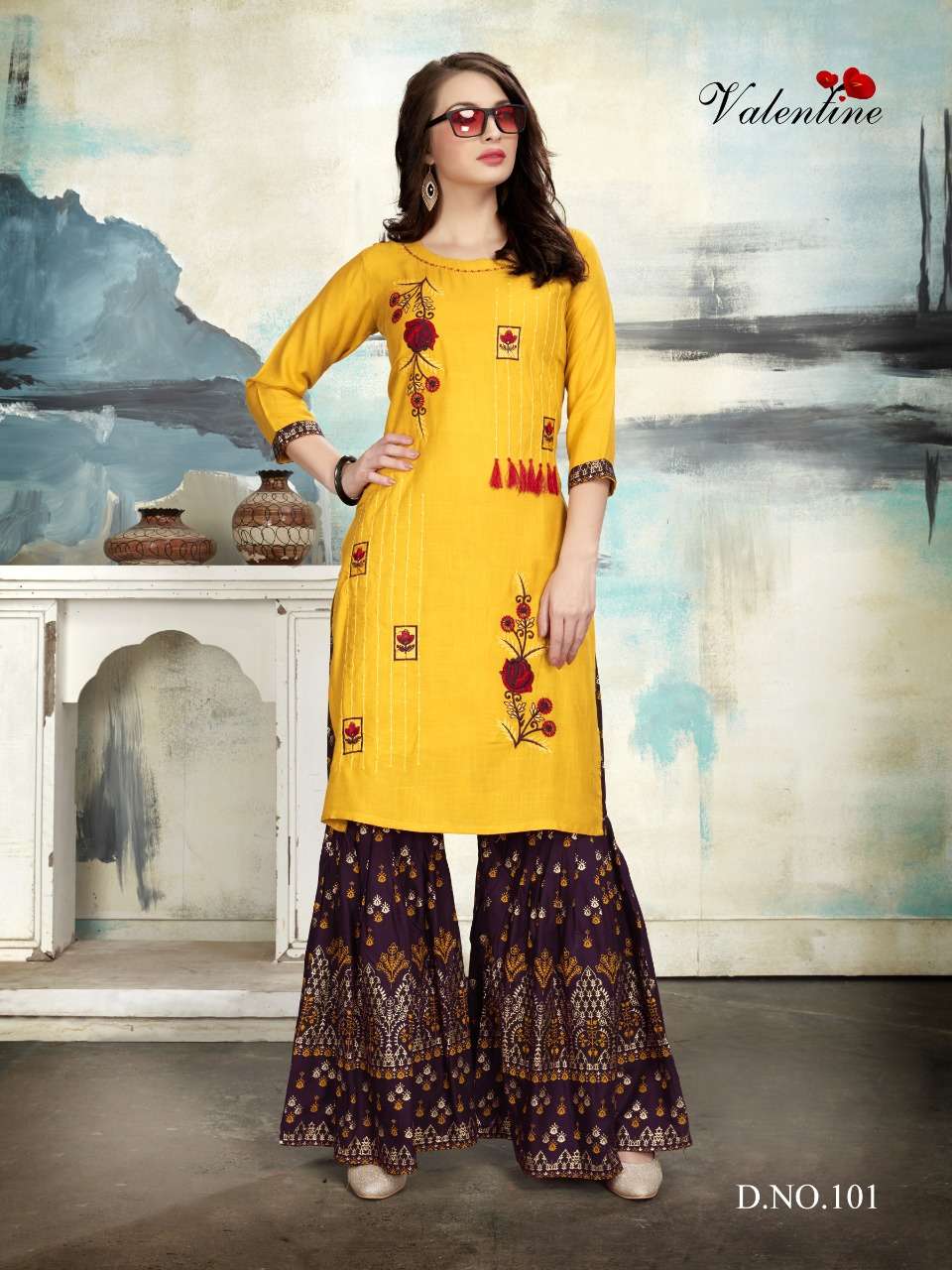 RIVAAZ BY VALENTINE 101 TO 108 SERIES BEAUTIFUL STYLISH FANCY COLORFUL CASUAL WEAR & ETHNIC WEAR & READY TO WEAR RAYON 14 KG WITH FOIL PRINTED KURTIS AT WHOLESALE PRICE