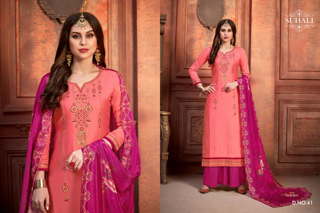 NAVIKA BY SUHALI 41 TO 44 SERIES BEAUTIFUL STYLISH SHARARA SUITS FANCY COLORFUL CASUAL WEAR & ETHNIC WEAR & READY TO WEAR JAM SATIN EMBROIDERY DRESSES AT WHOLESALE PRICE