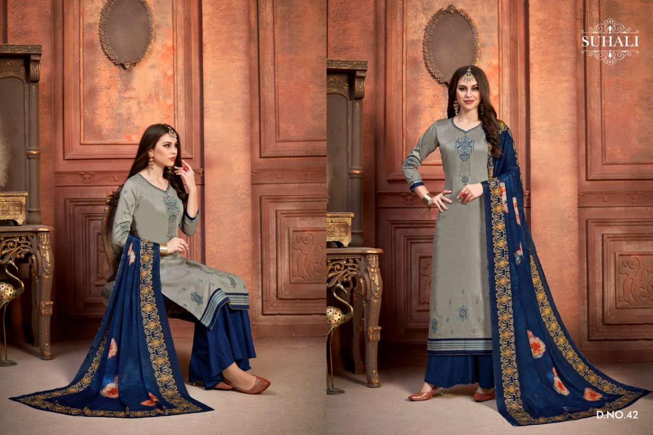 NAVIKA BY SUHALI 41 TO 44 SERIES BEAUTIFUL STYLISH SHARARA SUITS FANCY COLORFUL CASUAL WEAR & ETHNIC WEAR & READY TO WEAR JAM SATIN EMBROIDERY DRESSES AT WHOLESALE PRICE