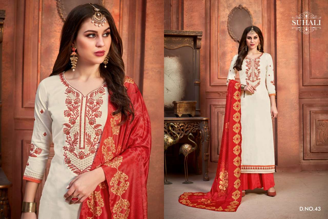 NAVIKA BY SUHALI 41 TO 44 SERIES BEAUTIFUL STYLISH SHARARA SUITS FANCY COLORFUL CASUAL WEAR & ETHNIC WEAR & READY TO WEAR JAM SATIN EMBROIDERY DRESSES AT WHOLESALE PRICE