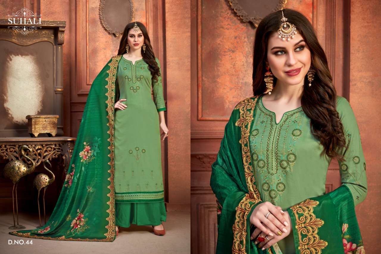 NAVIKA BY SUHALI 41 TO 44 SERIES BEAUTIFUL STYLISH SHARARA SUITS FANCY COLORFUL CASUAL WEAR & ETHNIC WEAR & READY TO WEAR JAM SATIN EMBROIDERY DRESSES AT WHOLESALE PRICE