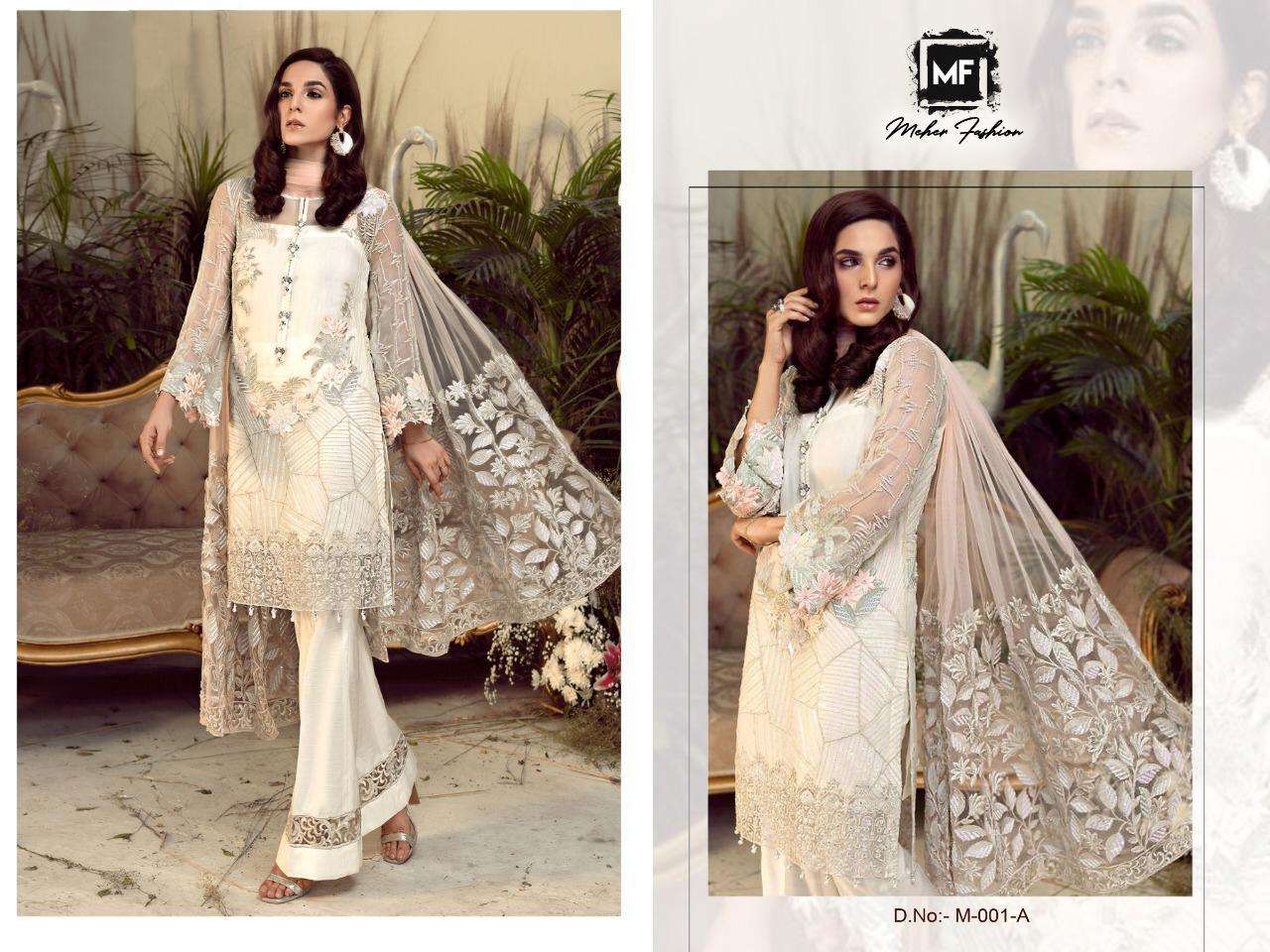 MEHER 001 COLOURS BY MEHER FASHION 001-A TO 001-E SERIES PAKISTANI SUITS BEAUTIFUL FANCY COLORFUL STYLISH PARTY WEAR & OCCASIONAL WEAR HEAVY GEORGETTE WITH EMBROIDERY DRESSES AT WHOLESALE PRICE