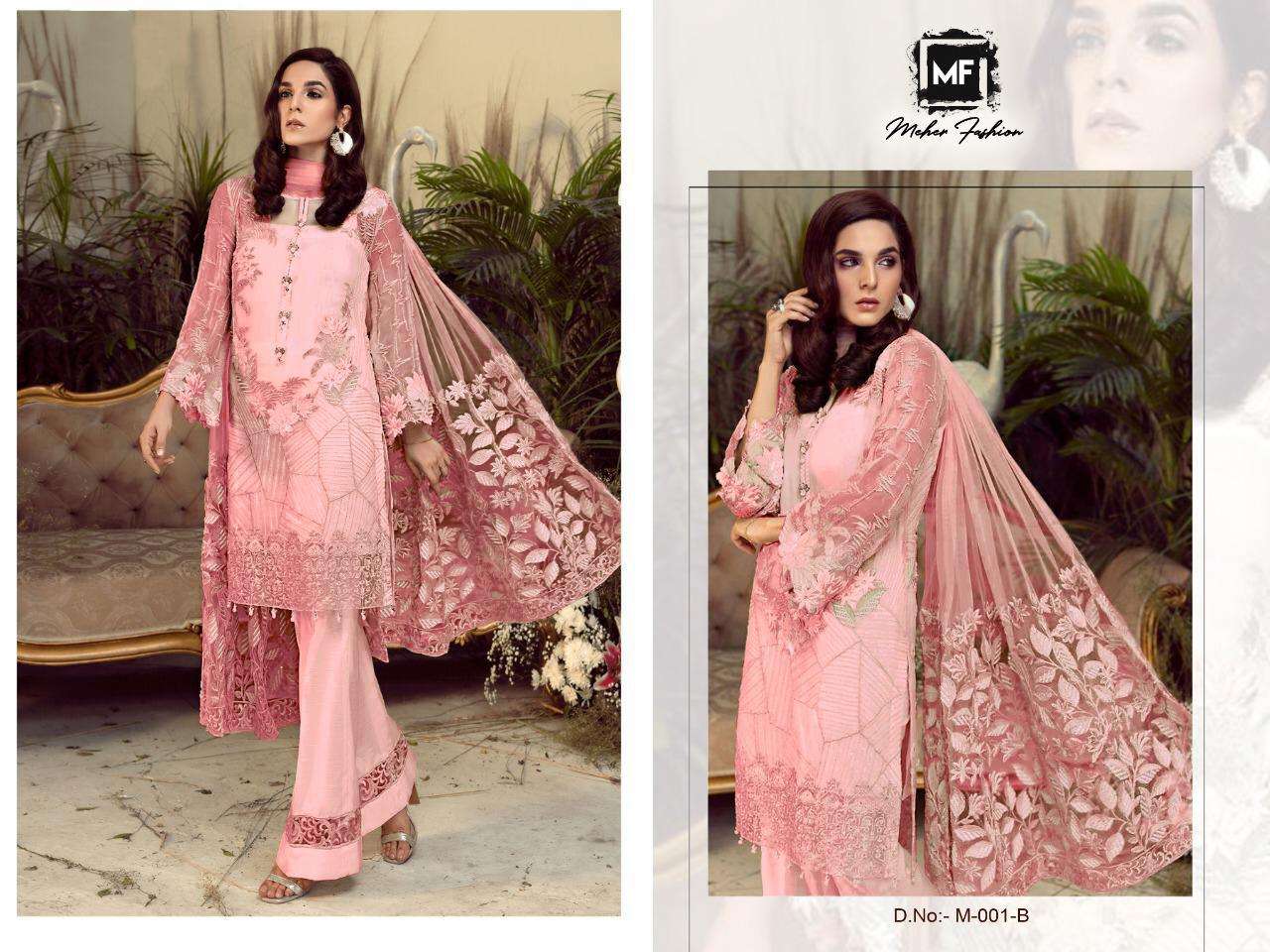 MEHER 001 COLOURS BY MEHER FASHION 001-A TO 001-E SERIES PAKISTANI SUITS BEAUTIFUL FANCY COLORFUL STYLISH PARTY WEAR & OCCASIONAL WEAR HEAVY GEORGETTE WITH EMBROIDERY DRESSES AT WHOLESALE PRICE
