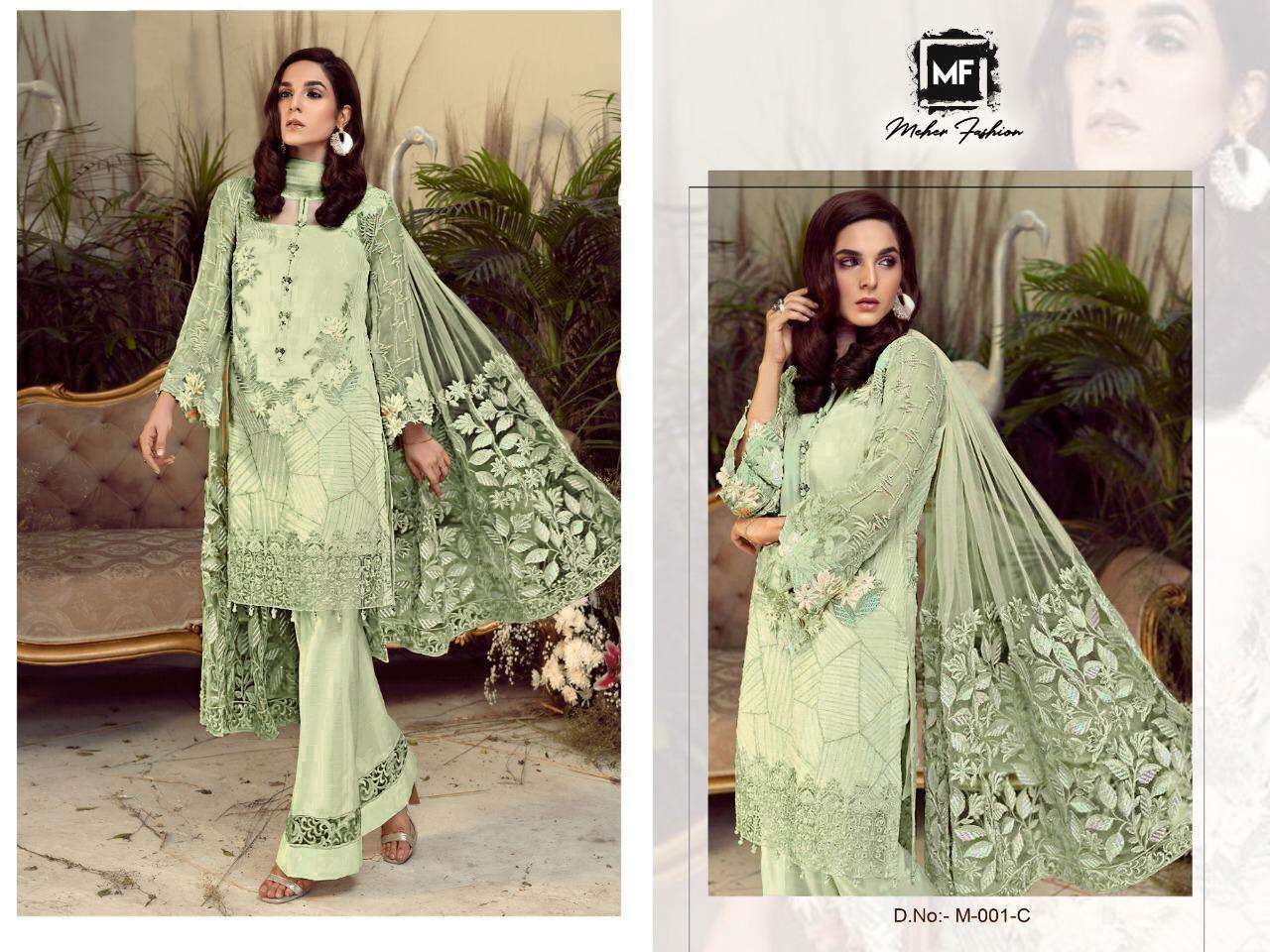 MEHER 001 COLOURS BY MEHER FASHION 001-A TO 001-E SERIES PAKISTANI SUITS BEAUTIFUL FANCY COLORFUL STYLISH PARTY WEAR & OCCASIONAL WEAR HEAVY GEORGETTE WITH EMBROIDERY DRESSES AT WHOLESALE PRICE
