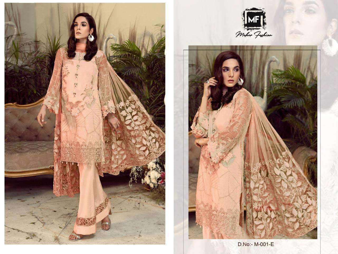 MEHER 001 COLOURS BY MEHER FASHION 001-A TO 001-E SERIES PAKISTANI SUITS BEAUTIFUL FANCY COLORFUL STYLISH PARTY WEAR & OCCASIONAL WEAR HEAVY GEORGETTE WITH EMBROIDERY DRESSES AT WHOLESALE PRICE
