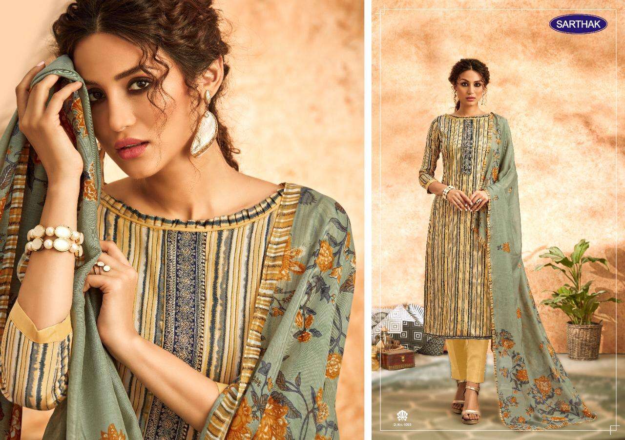 SARTHAK BY RUDRINEE 1001 TO 1007 SERIES BEAUTIFUL SUITS STYLISH FANCY COLORFUL PARTY WEAR & OCCASIONAL WEAR PURE JAM SATIN PRINT WITH EMBROIDERY DRESSES AT WHOLESALE PRICE