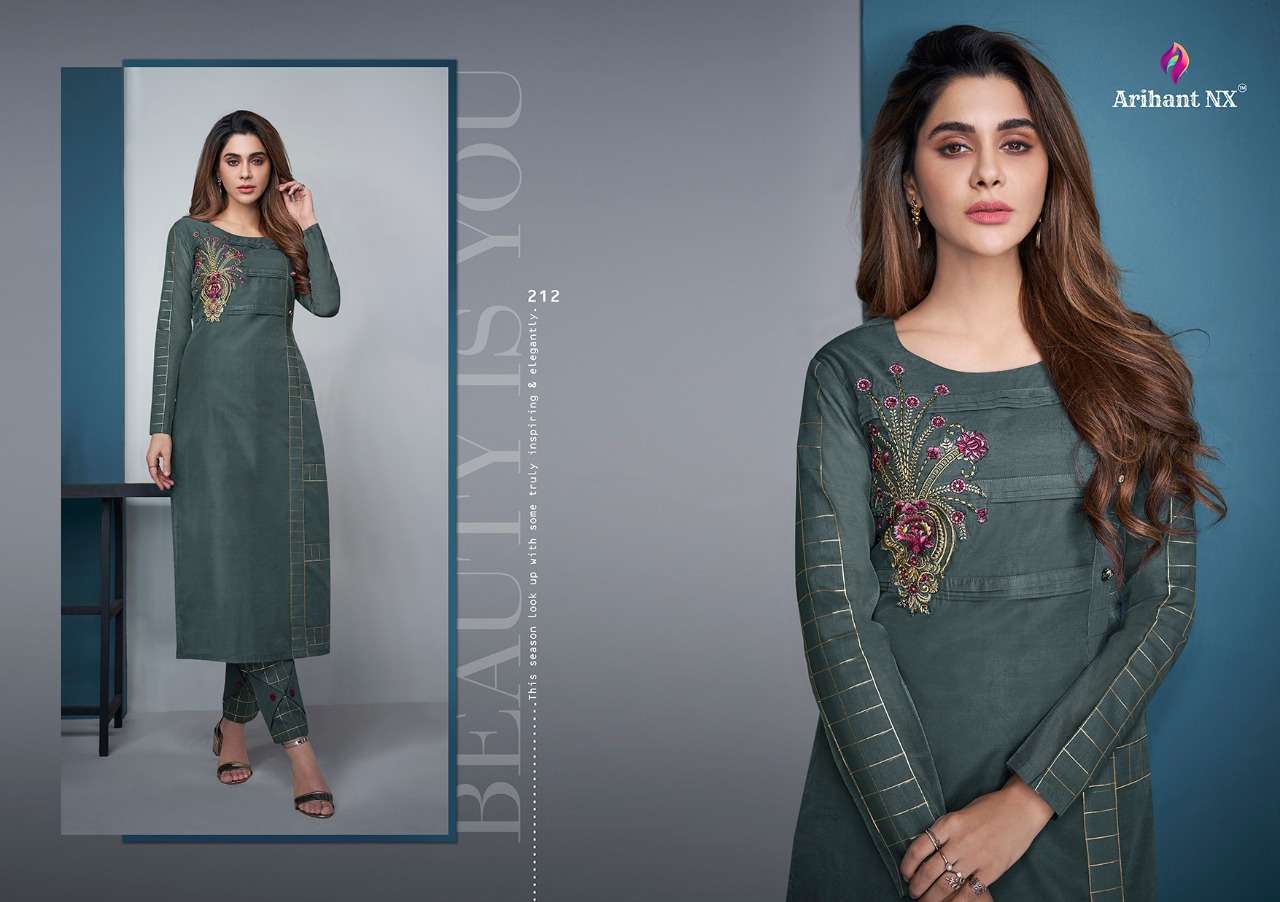 MEHAR VOL-2 BY ARIHANT NX 209 TO 216 SERIES BEAUTIFUL COLORFUL STYLISH FANCY CASUAL WEAR & READY TO WEAR PURE MODAL SILK EMBROIDERED KURTIS WITH BOTTOM AT WHOLESALE PRICE