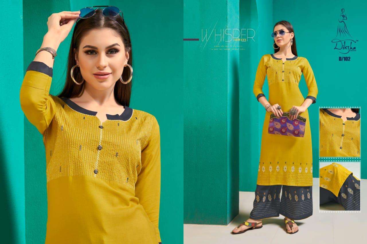 NETRA VOL-1 BY DIKSHA CREATION 101 TO 108 SERIES BEAUTIFUL COLORFUL STYLISH FANCY CASUAL WEAR & READY TO WEAR PURE HEAVY RAYON EMBROIDERED KURTIS WITH BOTTOM AT WHOLESALE PRICE