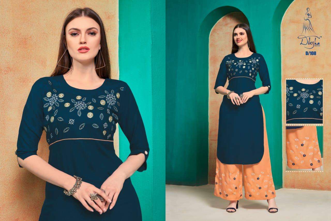 NETRA VOL-1 BY DIKSHA CREATION 101 TO 108 SERIES BEAUTIFUL COLORFUL STYLISH FANCY CASUAL WEAR & READY TO WEAR PURE HEAVY RAYON EMBROIDERED KURTIS WITH BOTTOM AT WHOLESALE PRICE