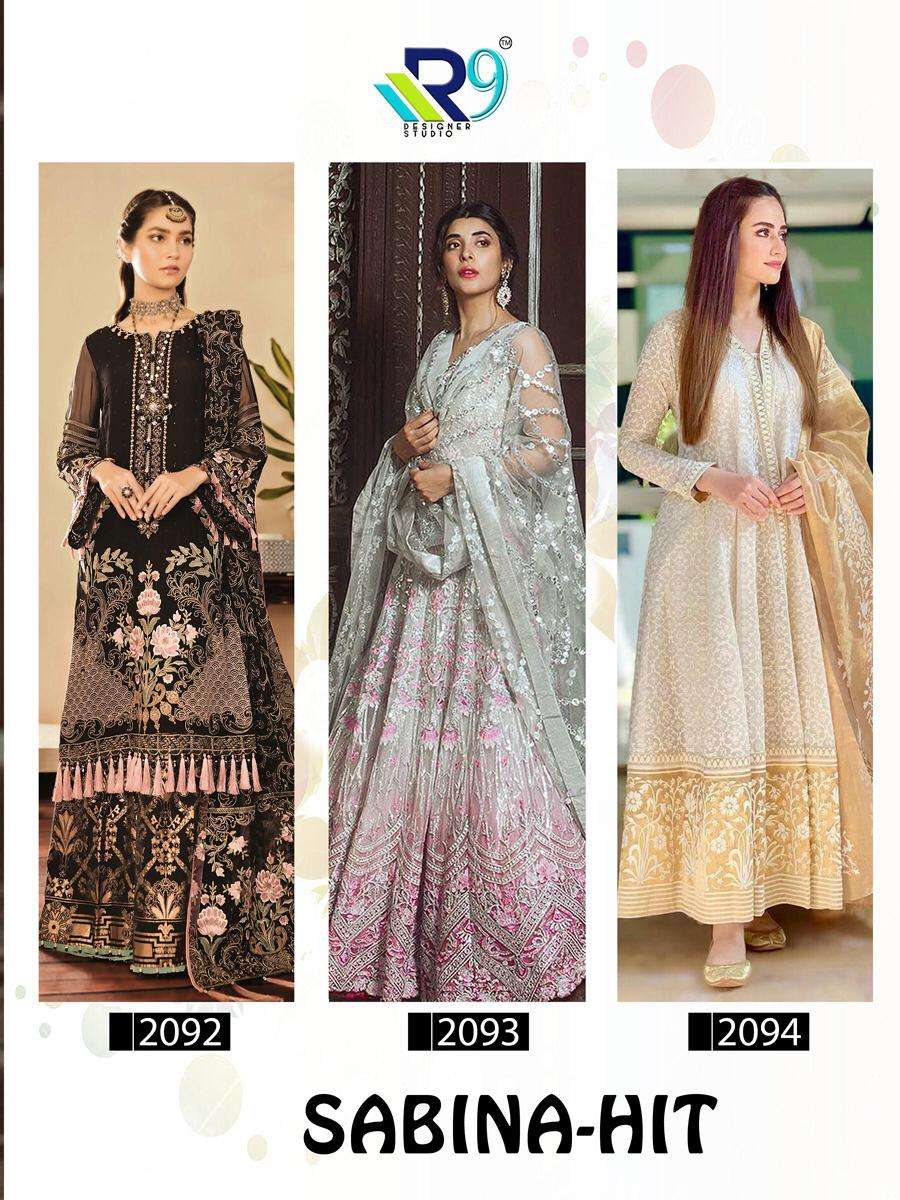 SABINA HIT BY R9 2092 TO 2094 SERIES DESIGNER SUITS BEAUTIFUL STYLISH FANCY COLORFUL PARTY WEAR & ETHNIC WEAR GEORGETTE/NET/ORGANZA WITH EMBROIDERY WORK DRESSES AT WHOLESALE PRICE