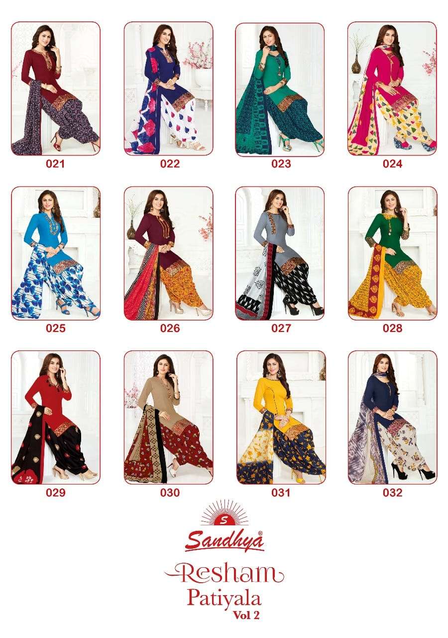 RESHAM PATIYALA VOL-2 BY SANDHYA 021 TO 032 SERIES DESIGNER SUITS BEAUTIFUL STYLISH FANCY COLORFUL PARTY WEAR & ETHNIC WEAR COTTON PRINTED DRESSES AT WHOLESALE PRICE
