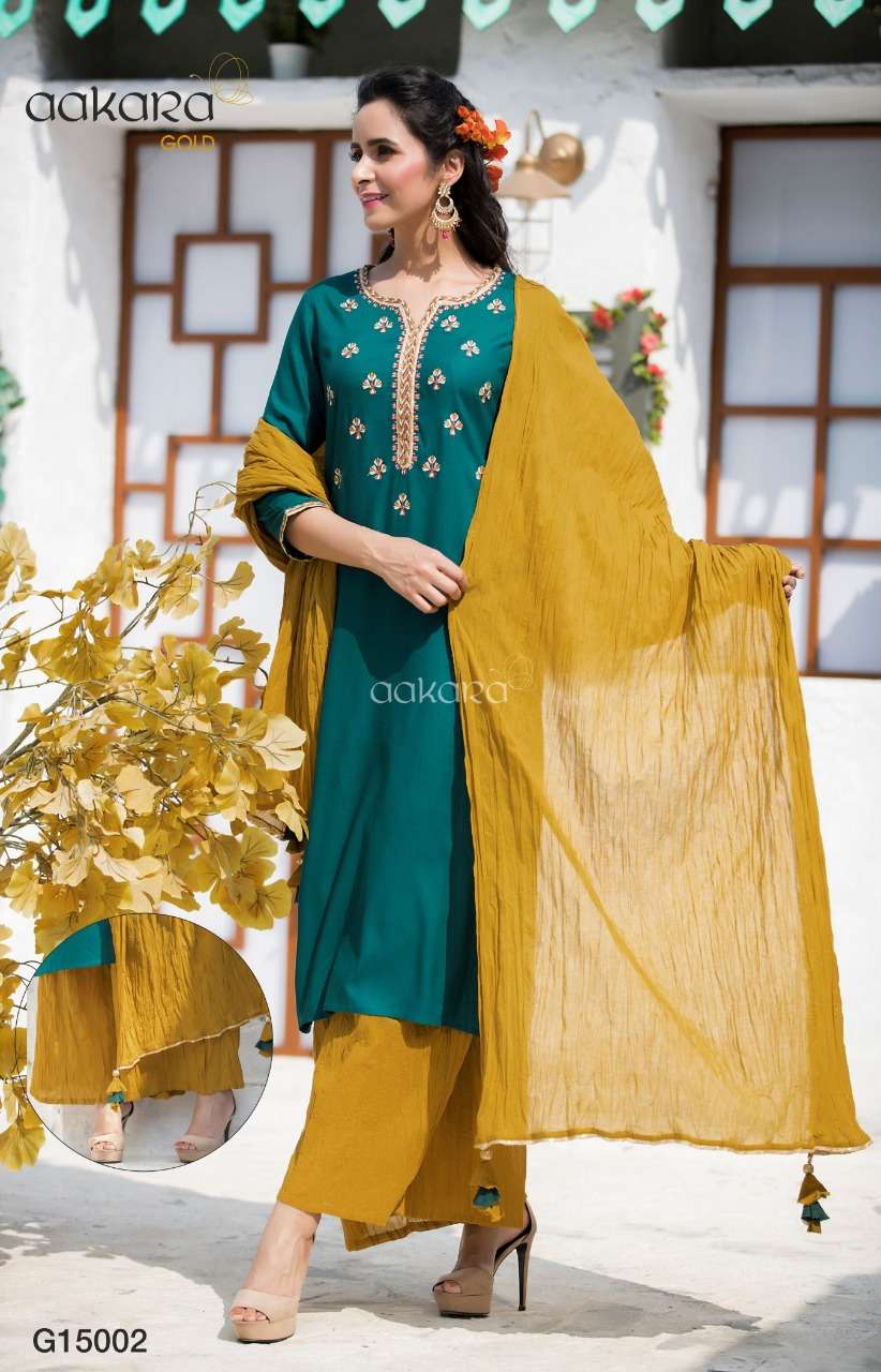 AAKARA GOLD VOL-15 BY AAKARA 15001 TO 15006 SERIES DESIGNER SUITS BEAUTIFUL STYLISH FANCY COLORFUL PARTY WEAR & ETHNIC WEAR COTTON DOBBY?RAYON WITH EMBROIDERY WORK DRESSES AT WHOLESALE PRICE