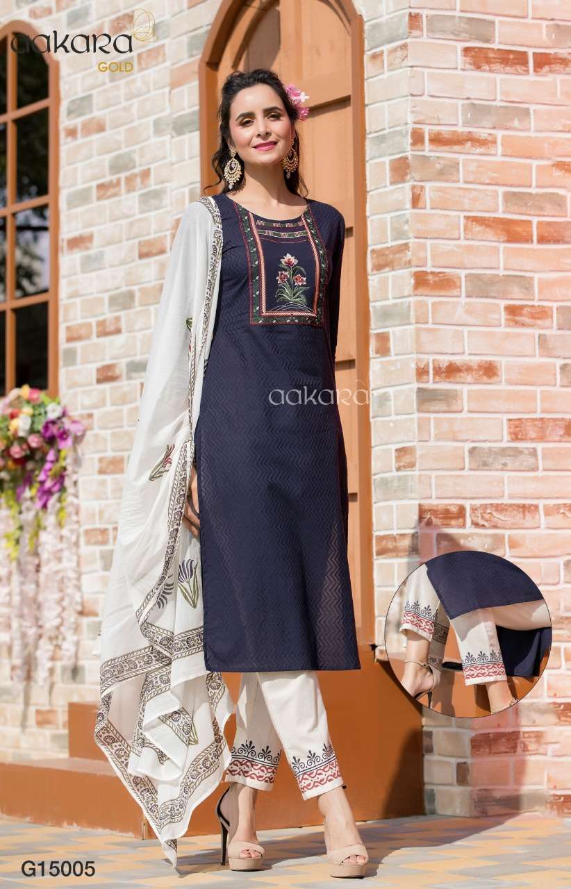 AAKARA GOLD VOL-15 BY AAKARA 15001 TO 15006 SERIES DESIGNER SUITS BEAUTIFUL STYLISH FANCY COLORFUL PARTY WEAR & ETHNIC WEAR COTTON DOBBY?RAYON WITH EMBROIDERY WORK DRESSES AT WHOLESALE PRICE
