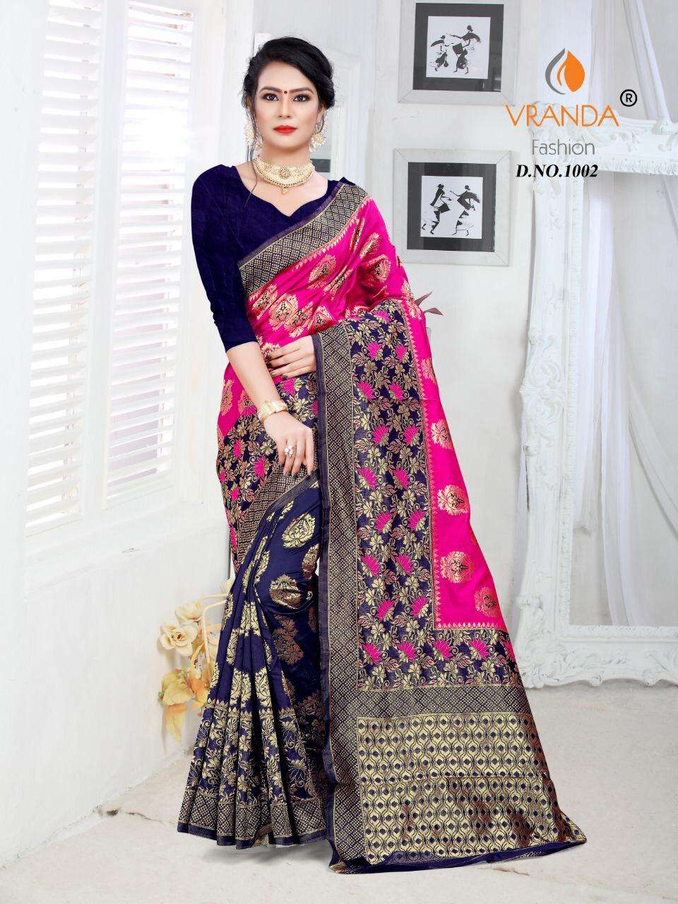 VRANDA 1001 SERIES BY VRANDA FASHION 1001 TO 1012 SERIES INDIAN TRADITIONAL WEAR COLLECTION BEAUTIFUL STYLISH FANCY COLORFUL PARTY WEAR & OCCASIONAL WEAR BANARASI SILK SAREES AT WHOLESALE PRICE