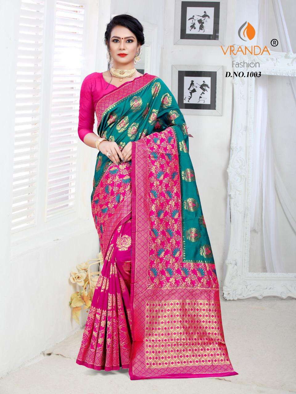 VRANDA 1001 SERIES BY VRANDA FASHION 1001 TO 1012 SERIES INDIAN TRADITIONAL WEAR COLLECTION BEAUTIFUL STYLISH FANCY COLORFUL PARTY WEAR & OCCASIONAL WEAR BANARASI SILK SAREES AT WHOLESALE PRICE