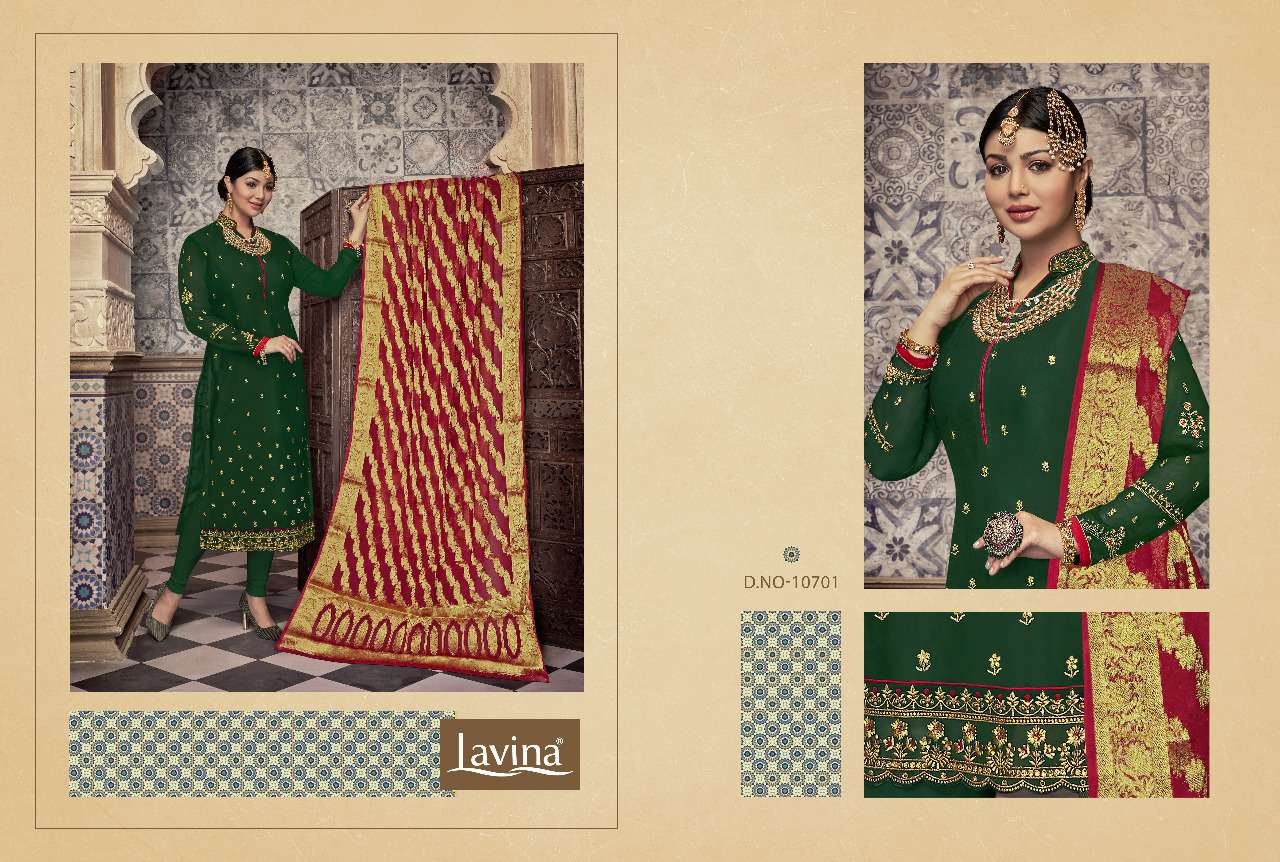 LAVINA VOL-107 BY LAVINA 10701 TO 10705 SERIES BEAUTIFUL SUITS STYLISH FANCY COLORFUL PARTY WEAR & OCCASIONAL WEAR SATIN GEORGETTE WITH EMBROIDERY WORK DRESSES AT WHOLESALE PRICE