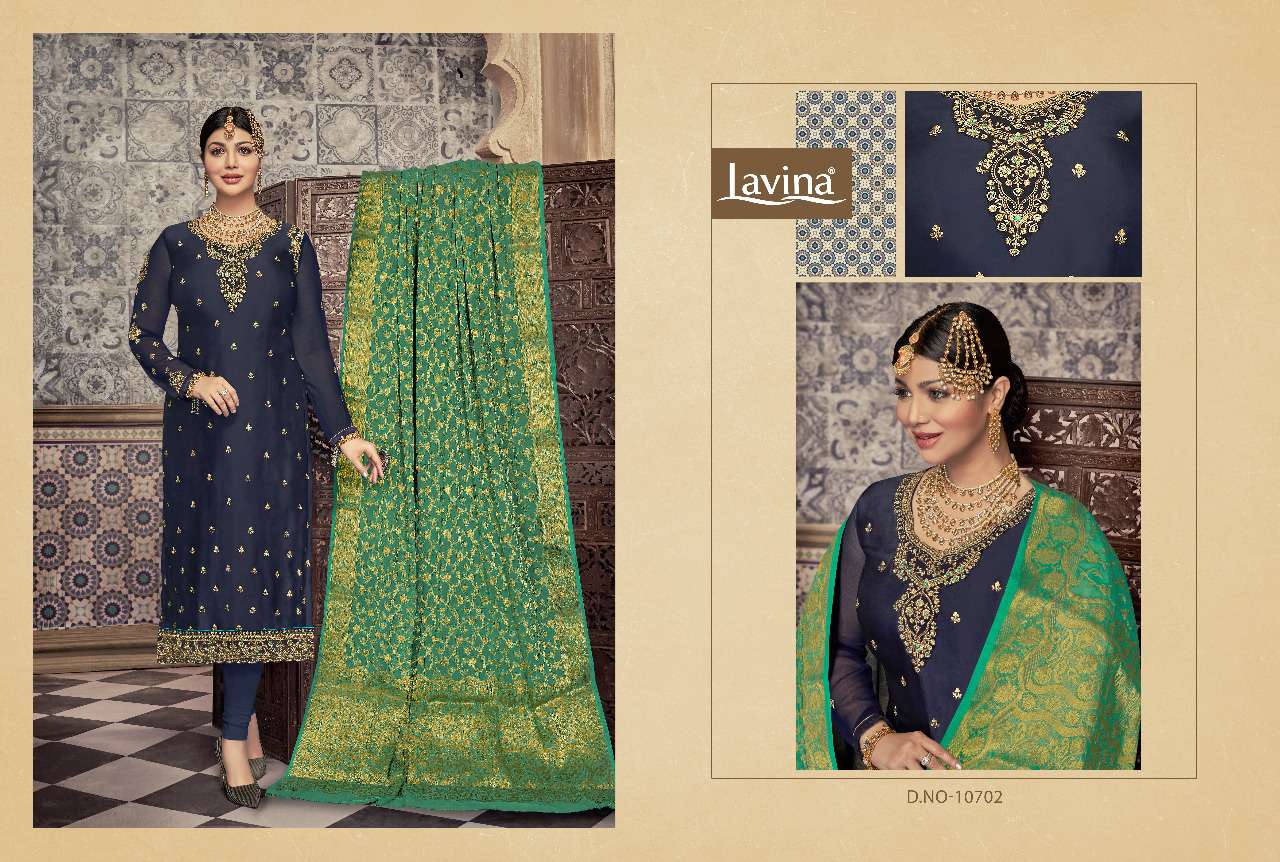 LAVINA VOL-107 BY LAVINA 10701 TO 10705 SERIES BEAUTIFUL SUITS STYLISH FANCY COLORFUL PARTY WEAR & OCCASIONAL WEAR SATIN GEORGETTE WITH EMBROIDERY WORK DRESSES AT WHOLESALE PRICE