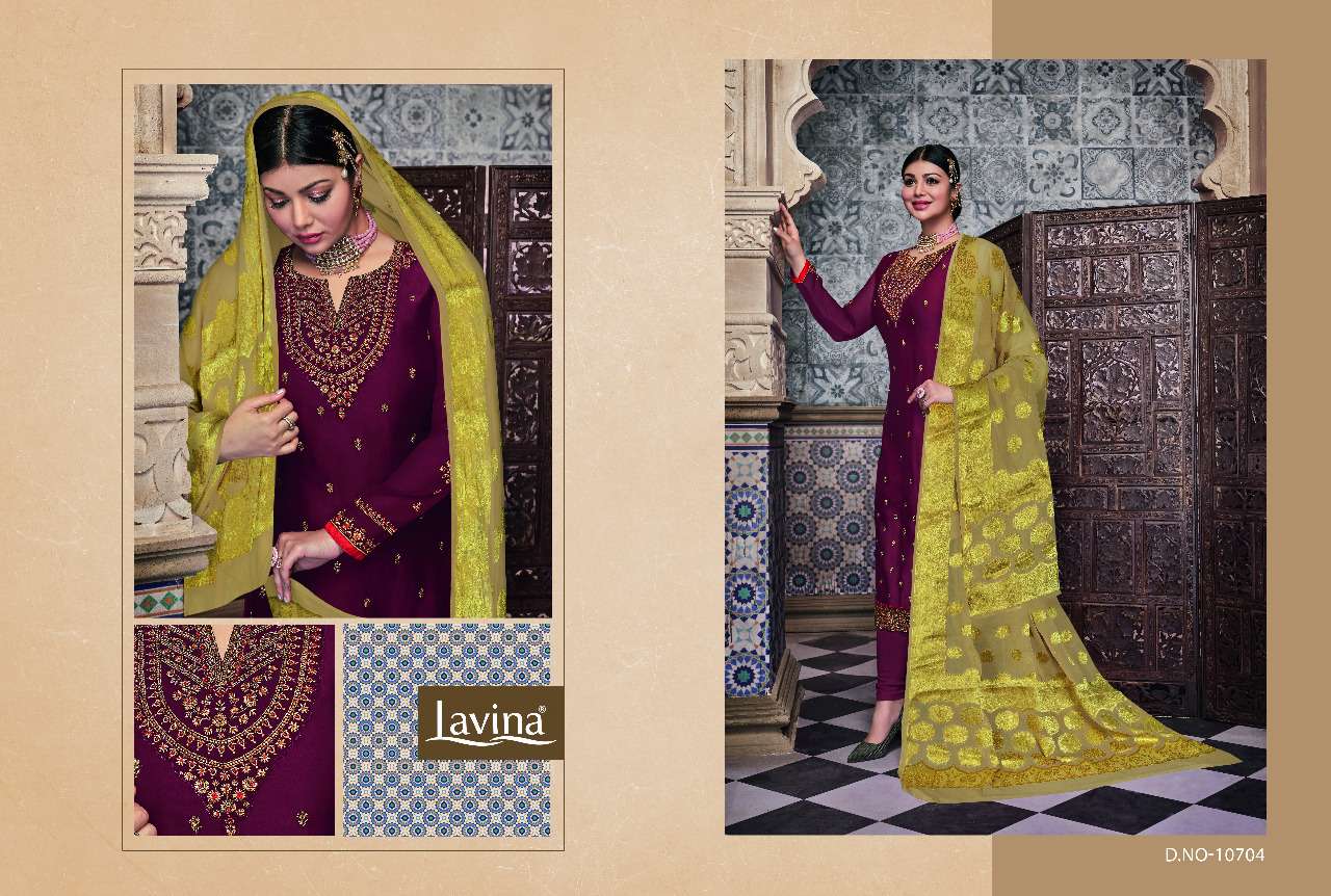 LAVINA VOL-107 BY LAVINA 10701 TO 10705 SERIES BEAUTIFUL SUITS STYLISH FANCY COLORFUL PARTY WEAR & OCCASIONAL WEAR SATIN GEORGETTE WITH EMBROIDERY WORK DRESSES AT WHOLESALE PRICE
