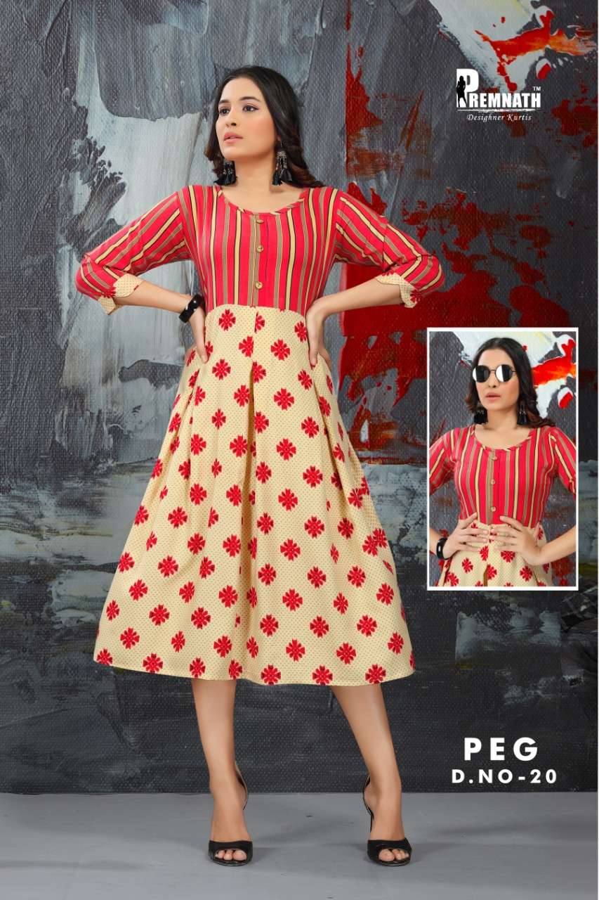 PEG BY PREMNATH 13 TO 27 SERIES BEAUTIFUL STYLISH FANCY COLORFUL CASUAL WEAR & ETHNIC WEAR RAYON PRINTED KURTIS AT WHOLESALE PRICE