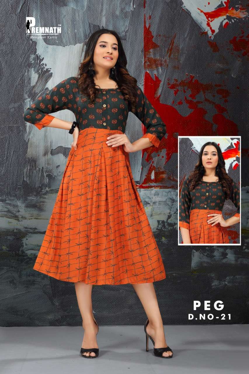 PEG BY PREMNATH 13 TO 27 SERIES BEAUTIFUL STYLISH FANCY COLORFUL CASUAL WEAR & ETHNIC WEAR RAYON PRINTED KURTIS AT WHOLESALE PRICE