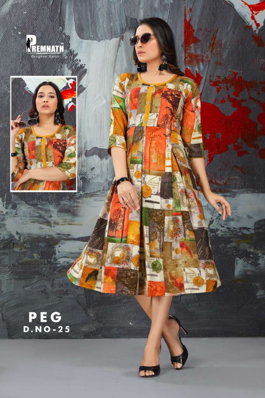 PEG BY PREMNATH 13 TO 27 SERIES BEAUTIFUL STYLISH FANCY COLORFUL CASUAL WEAR & ETHNIC WEAR RAYON PRINTED KURTIS AT WHOLESALE PRICE