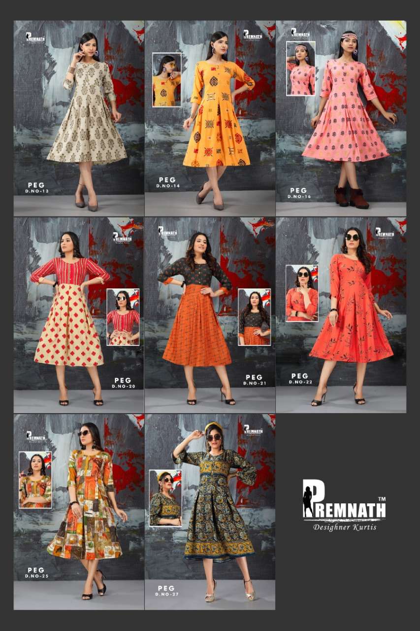 PEG BY PREMNATH 13 TO 27 SERIES BEAUTIFUL STYLISH FANCY COLORFUL CASUAL WEAR & ETHNIC WEAR RAYON PRINTED KURTIS AT WHOLESALE PRICE