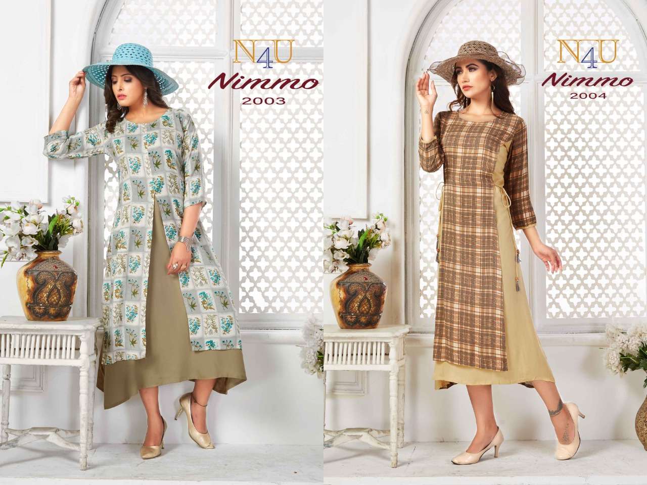 NIMMO BY N4U 2001 TO 2005 SERIES BEAUTIFUL BEAUTIFUL STYLISH FANCY COLORFUL CASUAL WEAR & ETHNIC WEAR READY TO WEAR VISCOSE CHECKS PRINTED KURTIS AT WHOLESALE PRICE