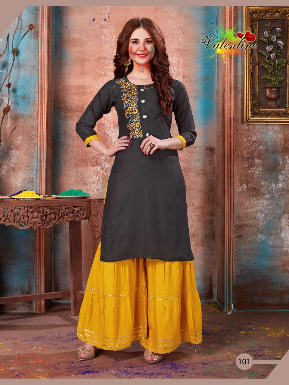 RANGOLI VOL-1 BY VALENTINE 101 TO 108 SERIES BEAUTIFUL COLORFUL STYLISH FANCY CASUAL WEAR & READY TO WEAR PURE HEAVY RAYON PLAIN WITH EMBROIDERY KURTIS WITH BOTTOM AT WHOLESALE PRICE