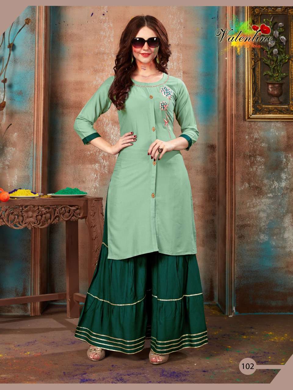 RANGOLI VOL-1 BY VALENTINE 101 TO 108 SERIES BEAUTIFUL COLORFUL STYLISH FANCY CASUAL WEAR & READY TO WEAR PURE HEAVY RAYON PLAIN WITH EMBROIDERY KURTIS WITH BOTTOM AT WHOLESALE PRICE