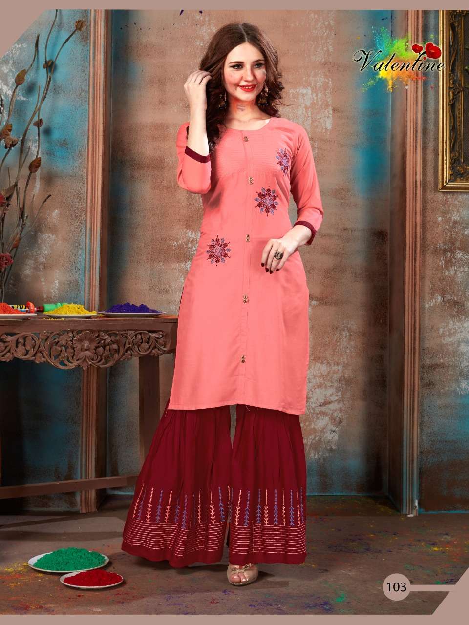 RANGOLI VOL-1 BY VALENTINE 101 TO 108 SERIES BEAUTIFUL COLORFUL STYLISH FANCY CASUAL WEAR & READY TO WEAR PURE HEAVY RAYON PLAIN WITH EMBROIDERY KURTIS WITH BOTTOM AT WHOLESALE PRICE