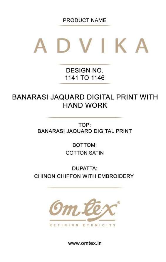 ADVIKA BY OM TEX 1141 TO 1146 SERIES BEAUTIFUL SUITS STYLISH FANCY COLORFUL PARTY WEAR & OCCASIONAL WEAR BANARASI JACQUARD DIGITAL PRINTED DRESSES AT WHOLESALE PRICE