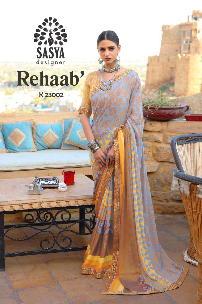 REHAAB BY SASYA DESIGNER 23001 TO 23010 SERIES INDIAN TRADITIONAL WEAR COLLECTION BEAUTIFUL STYLISH FANCY COLORFUL PARTY WEAR & OCCASIONAL WEAR BRASSSO PRINTED SAREES AT WHOLESALE PRICE