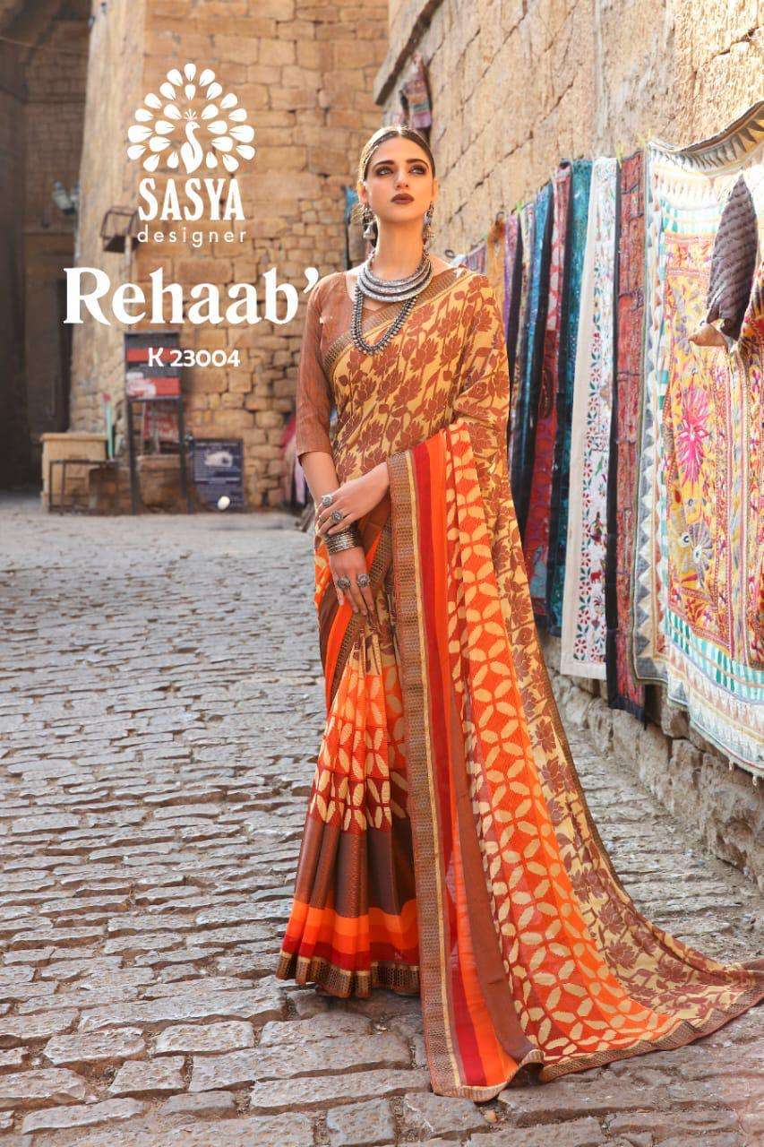 REHAAB BY SASYA DESIGNER 23001 TO 23010 SERIES INDIAN TRADITIONAL WEAR COLLECTION BEAUTIFUL STYLISH FANCY COLORFUL PARTY WEAR & OCCASIONAL WEAR BRASSSO PRINTED SAREES AT WHOLESALE PRICE