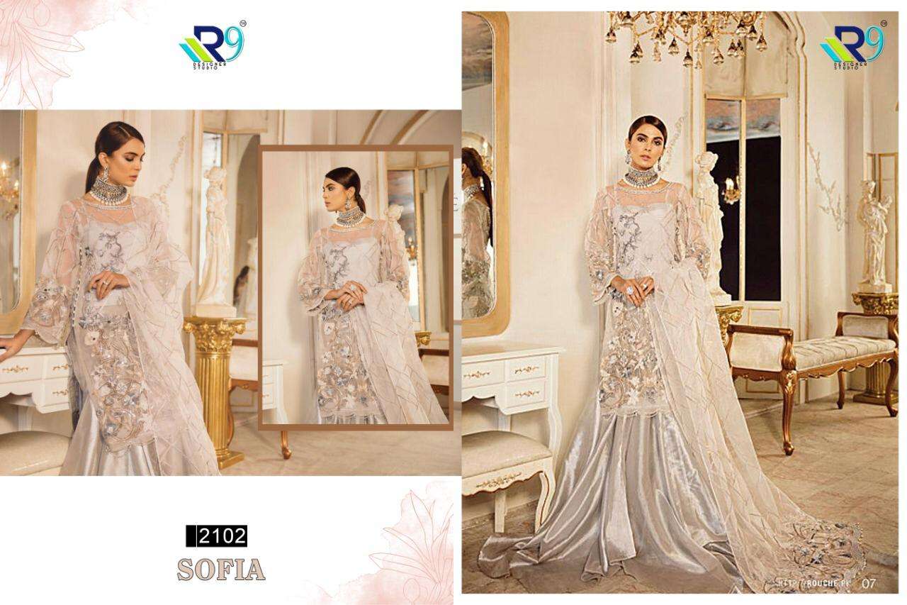 SOFIA BY R9 2100 TO 2103 SERIES BEAUTIFUL STYLISH SHARARA SUITS FANCY COLORFUL CASUAL WEAR & ETHNIC WEAR & READY TO WEAR NET WITH HEAVY EMBROIDERY DRESSES AT WHOLESALE PRICE