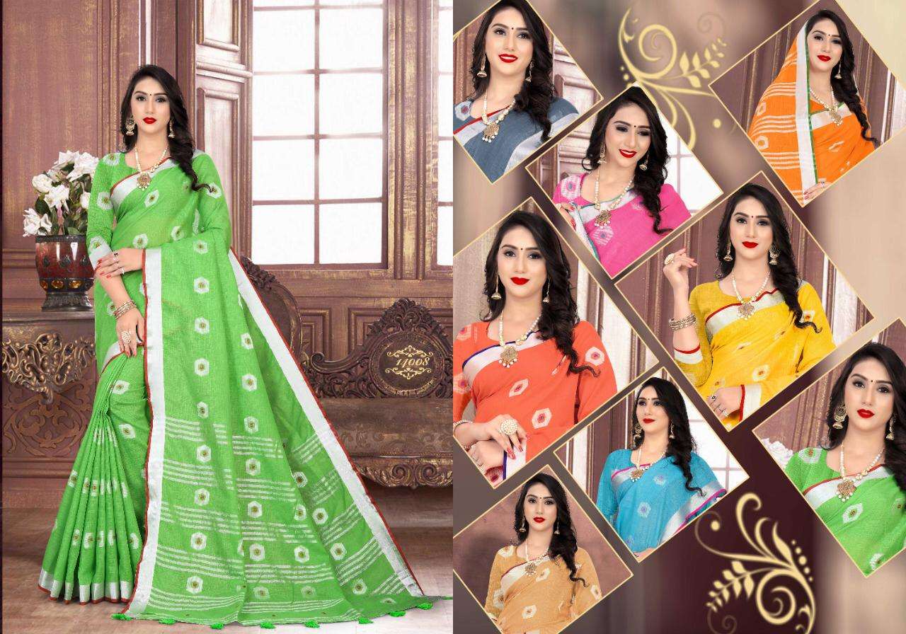 BAAGHI VOL-3 BY VRANDA FASHION 14001 TO 14008 SERIES INDIAN TRADITIONAL WEAR COLLECTION BEAUTIFUL STYLISH FANCY COLORFUL PARTY WEAR & OCCASIONAL WEAR LINEN JACQUARD SAREES AT WHOLESALE PRICE