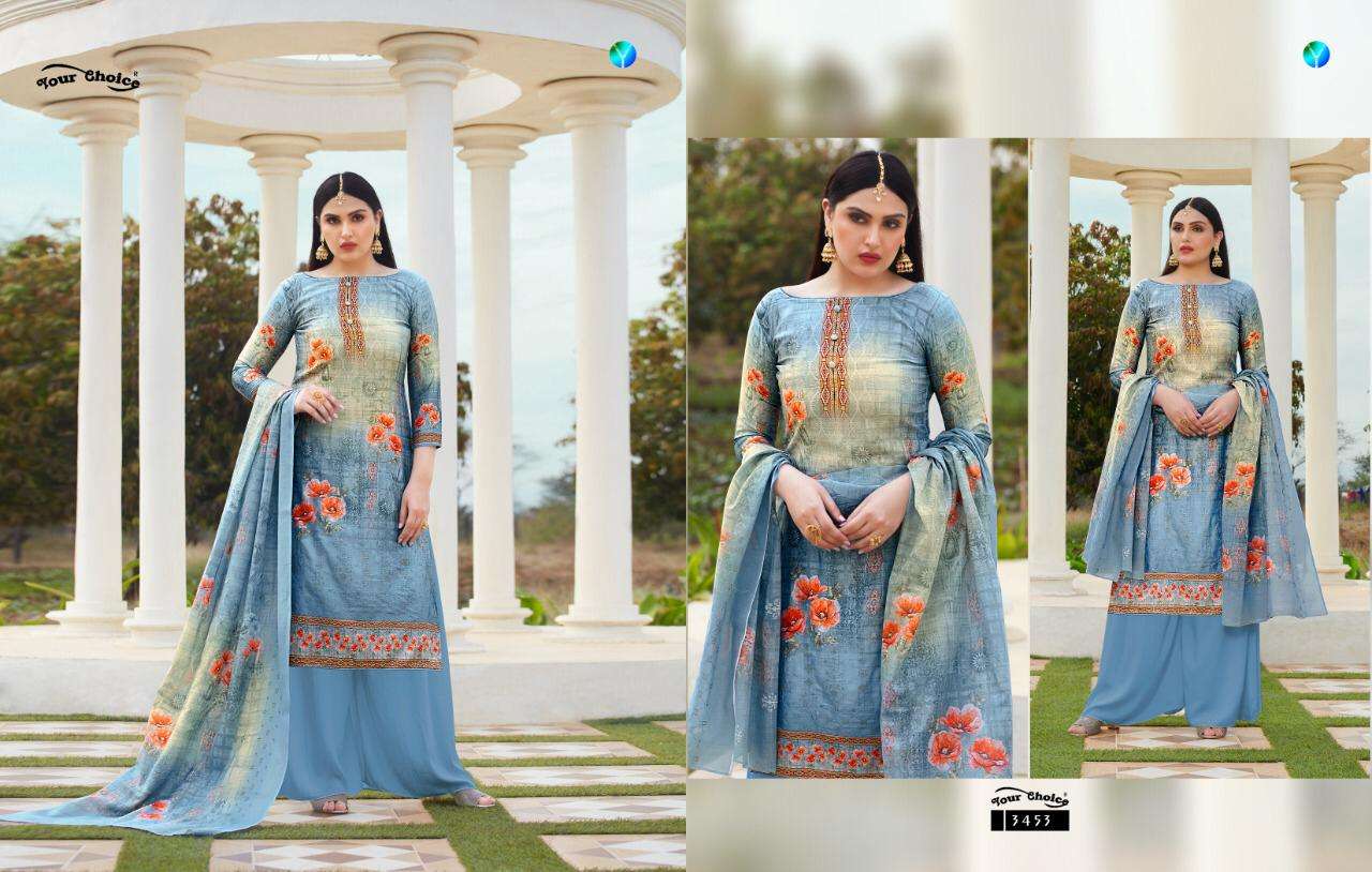 TANZEELA BY YOUR CHOICE 3453 TO 3458 SERIES DESIGNER SHARARA SUITS BEAUTIFUL STYLISH FANCY COLORFUL PARTY WEAR & OCCASIONAL WEAR JAM SILK COTTON DIGITAL PRINTED EMBROIDERY DRESSES AT WHOLESALE PRICE