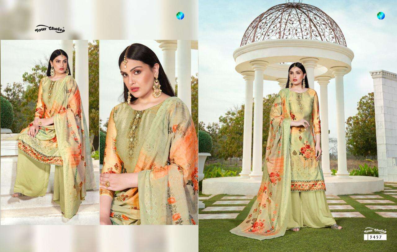 TANZEELA BY YOUR CHOICE 3453 TO 3458 SERIES DESIGNER SHARARA SUITS BEAUTIFUL STYLISH FANCY COLORFUL PARTY WEAR & OCCASIONAL WEAR JAM SILK COTTON DIGITAL PRINTED EMBROIDERY DRESSES AT WHOLESALE PRICE
