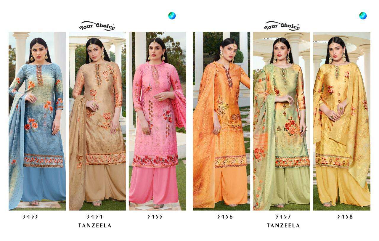 TANZEELA BY YOUR CHOICE 3453 TO 3458 SERIES DESIGNER SHARARA SUITS BEAUTIFUL STYLISH FANCY COLORFUL PARTY WEAR & OCCASIONAL WEAR JAM SILK COTTON DIGITAL PRINTED EMBROIDERY DRESSES AT WHOLESALE PRICE