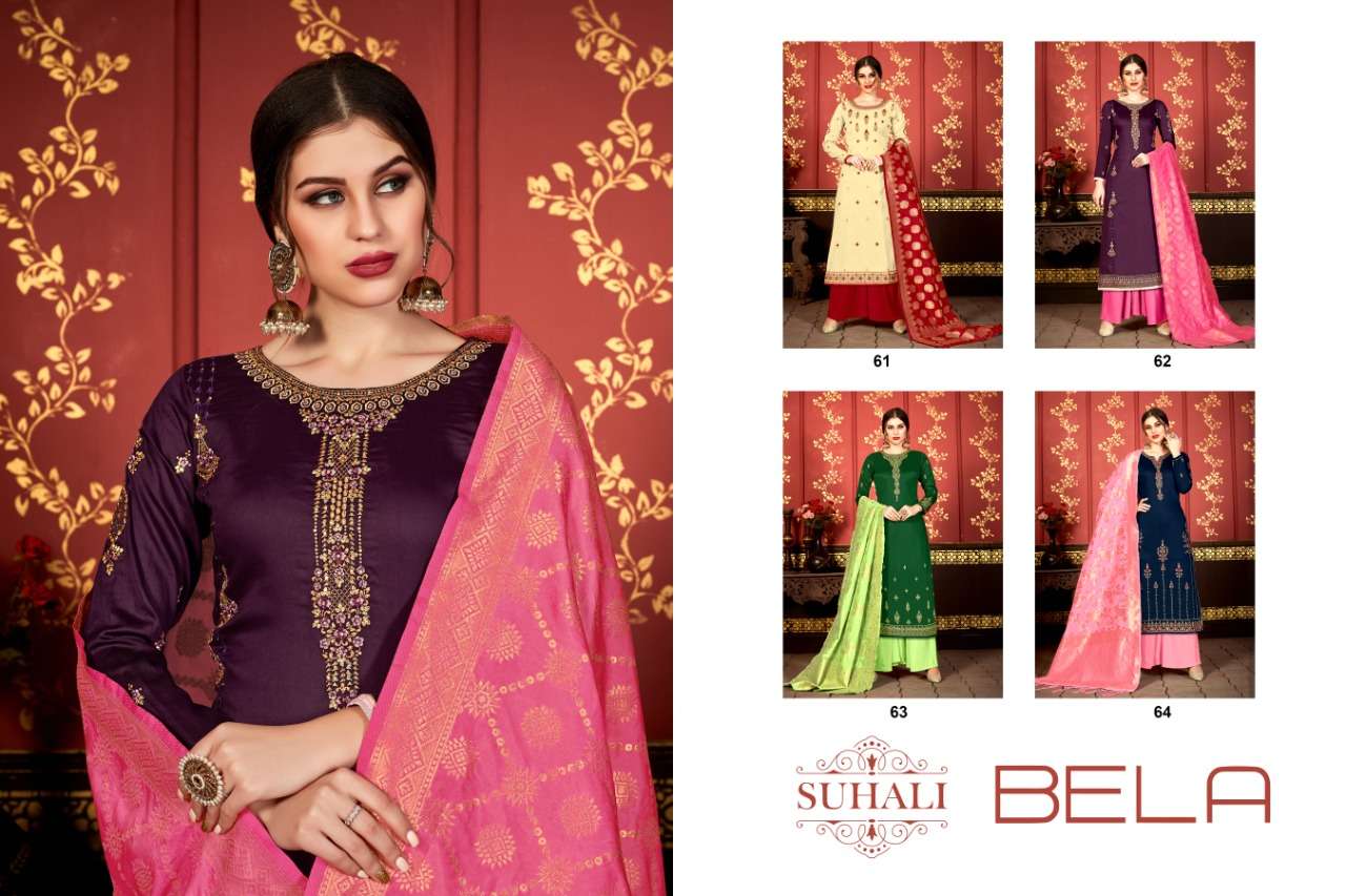 BELA BY SUHALI 61 TO 64 SERIES BEAUTIFUL STYLISH SUITS FANCY COLORFUL CASUAL WEAR & ETHNIC WEAR & READY TO WEAR JAM SATIN WITH EMBROIDERY DRESSES AT WHOLESALE PRICE