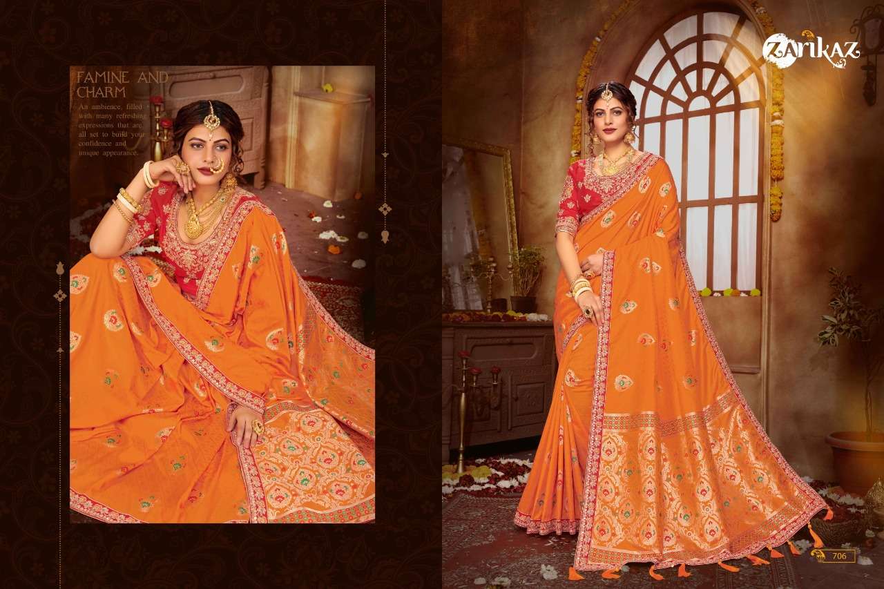 RAJVEE VOL-7 BY ZARIKAZ 701 TO 706 SERIES INDIAN TRADITIONAL WEAR COLLECTION BEAUTIFUL STYLISH FANCY COLORFUL PARTY WEAR & OCCASIONAL WEAR BANARASI SILK EMBROIDERED SAREES AT WHOLESALE PRICE