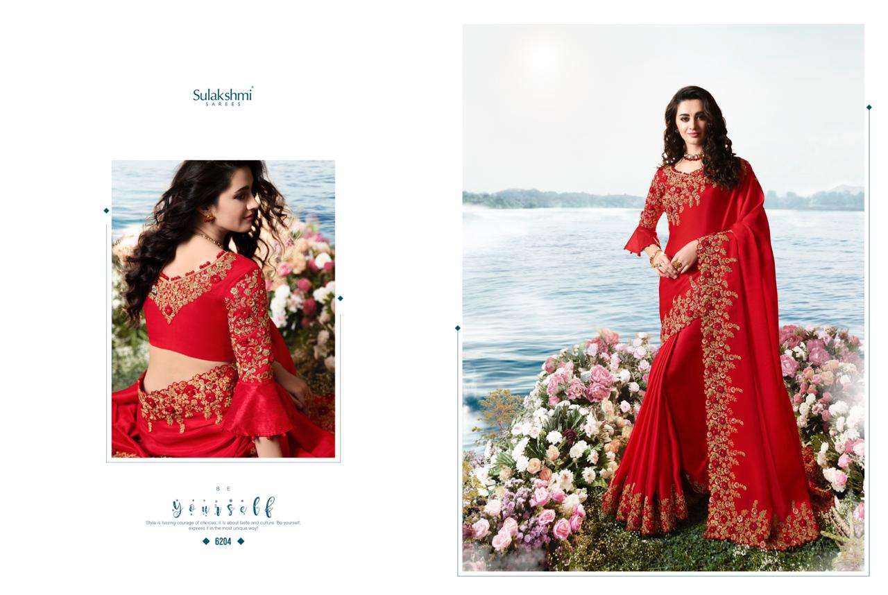 AAKASHI BY SULAKSHMI 6201 TO 6214 SERIES INDIAN TRADITIONAL WEAR COLLECTION BEAUTIFUL STYLISH FANCY COLORFUL PARTY WEAR & OCCASIONAL WEAR FANCY EMBROIDERED SAREES AT WHOLESALE PRICE