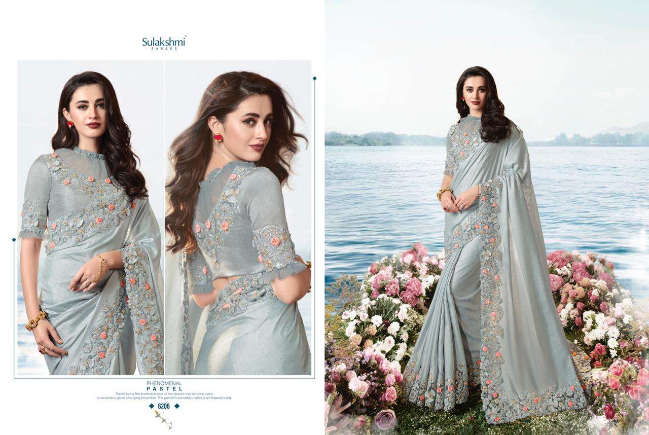 AAKASHI BY SULAKSHMI 6201 TO 6214 SERIES INDIAN TRADITIONAL WEAR COLLECTION BEAUTIFUL STYLISH FANCY COLORFUL PARTY WEAR & OCCASIONAL WEAR FANCY EMBROIDERED SAREES AT WHOLESALE PRICE