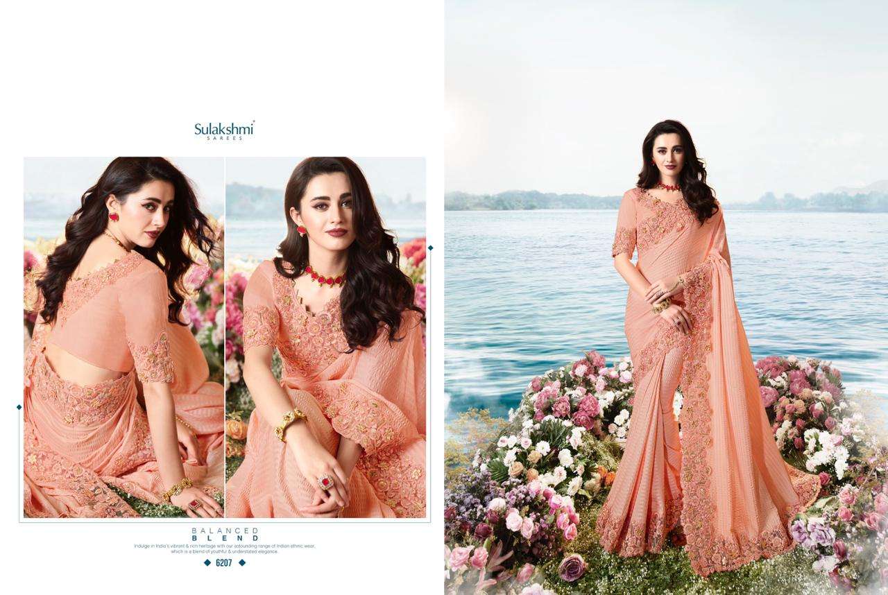AAKASHI BY SULAKSHMI 6201 TO 6214 SERIES INDIAN TRADITIONAL WEAR COLLECTION BEAUTIFUL STYLISH FANCY COLORFUL PARTY WEAR & OCCASIONAL WEAR FANCY EMBROIDERED SAREES AT WHOLESALE PRICE