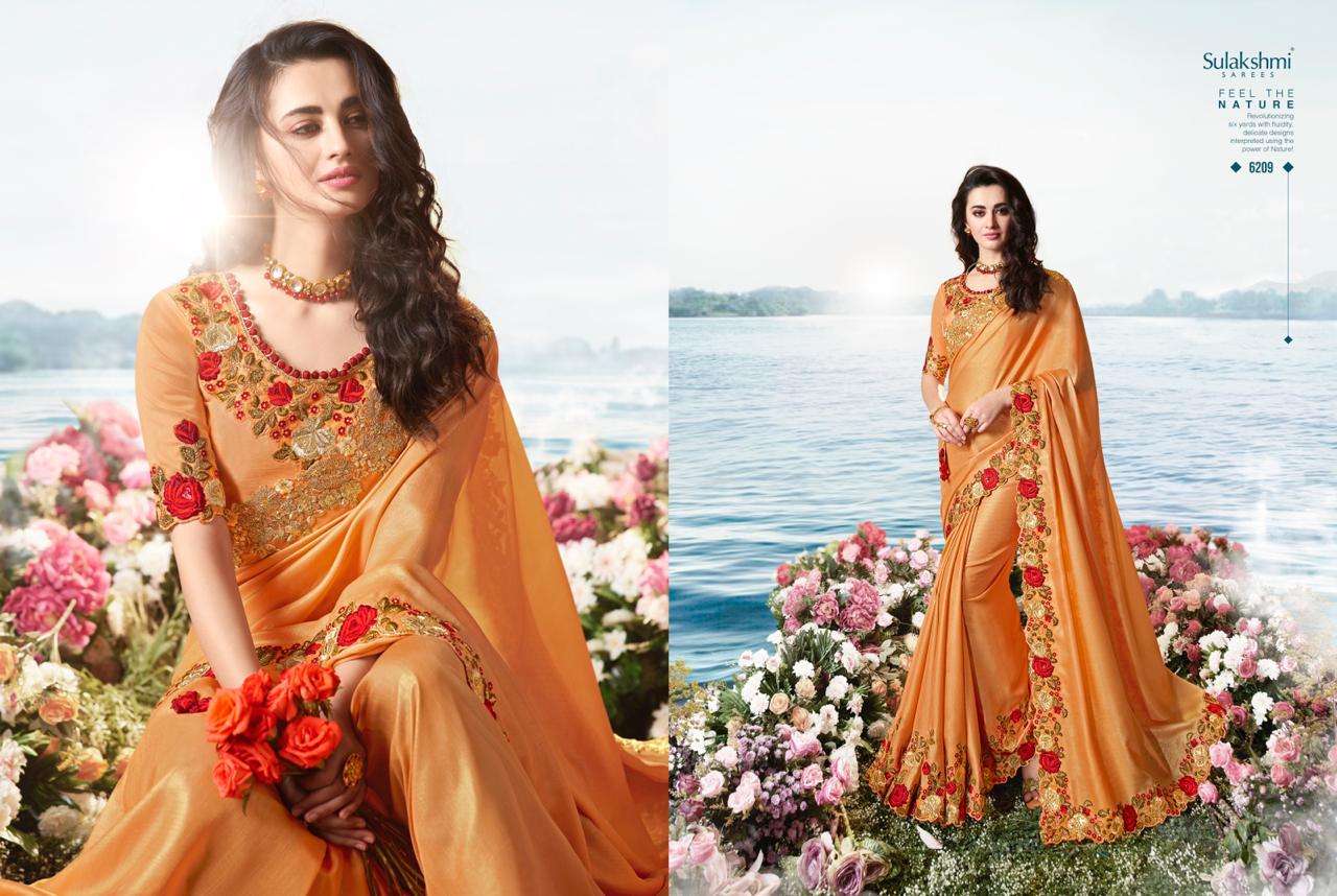 AAKASHI BY SULAKSHMI 6201 TO 6214 SERIES INDIAN TRADITIONAL WEAR COLLECTION BEAUTIFUL STYLISH FANCY COLORFUL PARTY WEAR & OCCASIONAL WEAR FANCY EMBROIDERED SAREES AT WHOLESALE PRICE